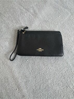 Coach Black Leather Wristlet Clutch with Gold Logo